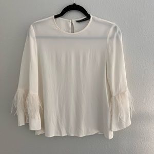 Zara Woman White Faux Ostrich Feather Long Bell Sleeve Blouse Size XS